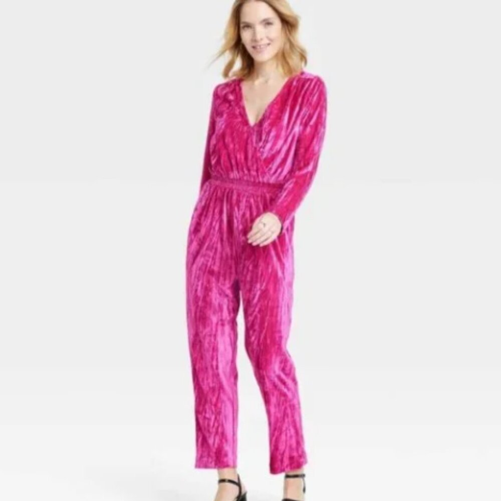 Womens Bell Long Sleeve Velvet Jumpsuit - A New Day Pink Size S